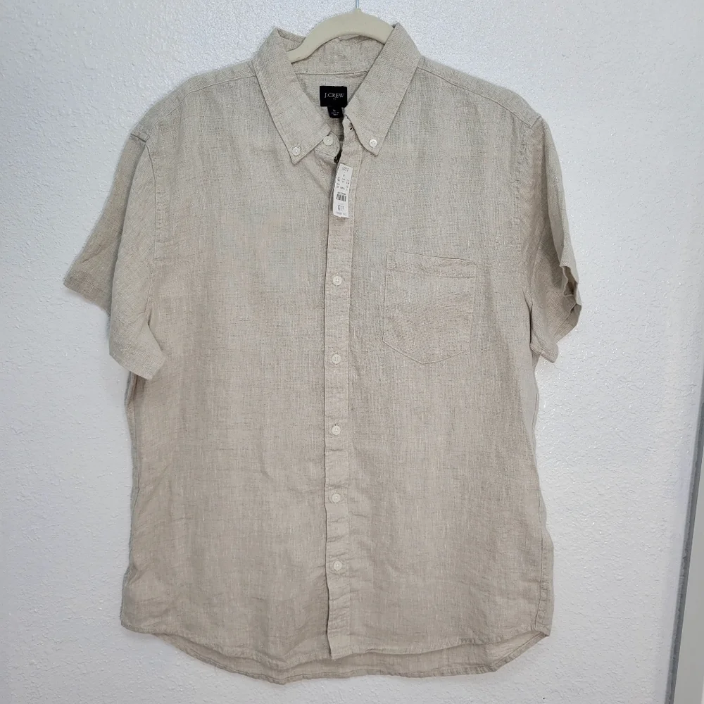 J Crew Short-sleeve linen-blend shirt AL188 Size L Beige NWT - Picture 2 of 5